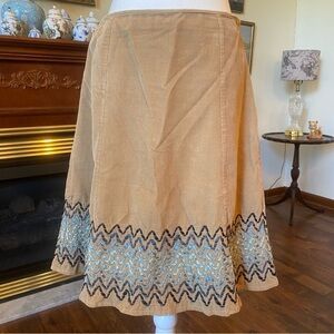 Boden • Corduroy Embroidered Skirt • Size 6 • Tan & Blue Zig Zag Hem